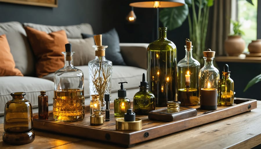 Stylish and elegant vaping corner with vintage apothecary jars, warm-toned wooden organizers, and ambient lighting, creating a sophisticated home feature in a cozy living room.