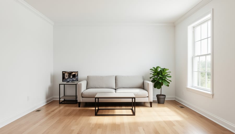 Clean, freshly painted living room with natural light and hardwood floors showing post-fire restoration