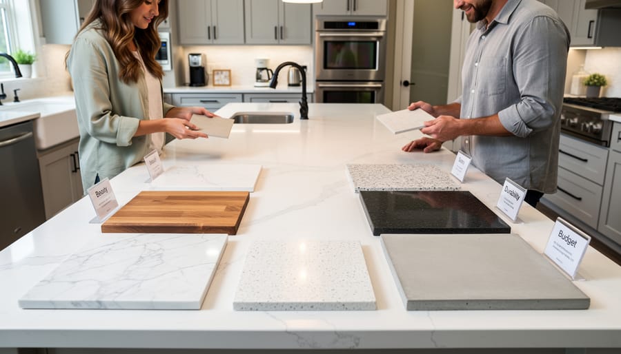 Kitchen countertop material samples including quartz, wood, and marble