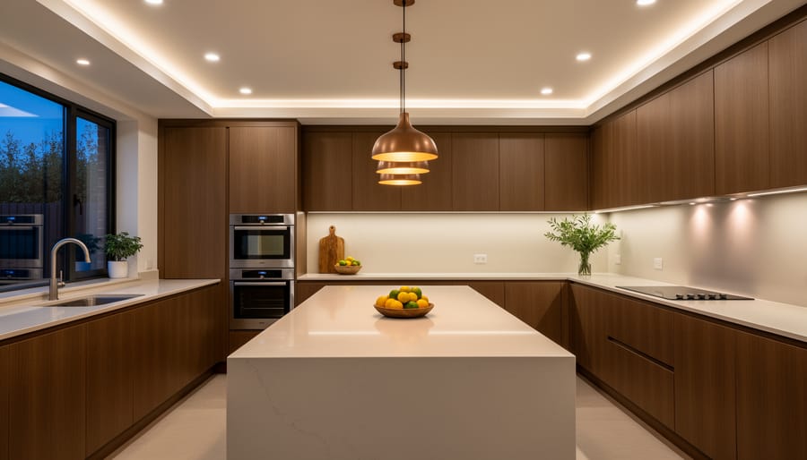 Modern kitchen with layered lighting including recessed lights, pendants, and under-cabinet lighting