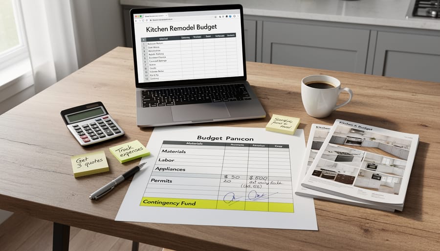 Budget planning documents with calculator and receipts on kitchen countertop