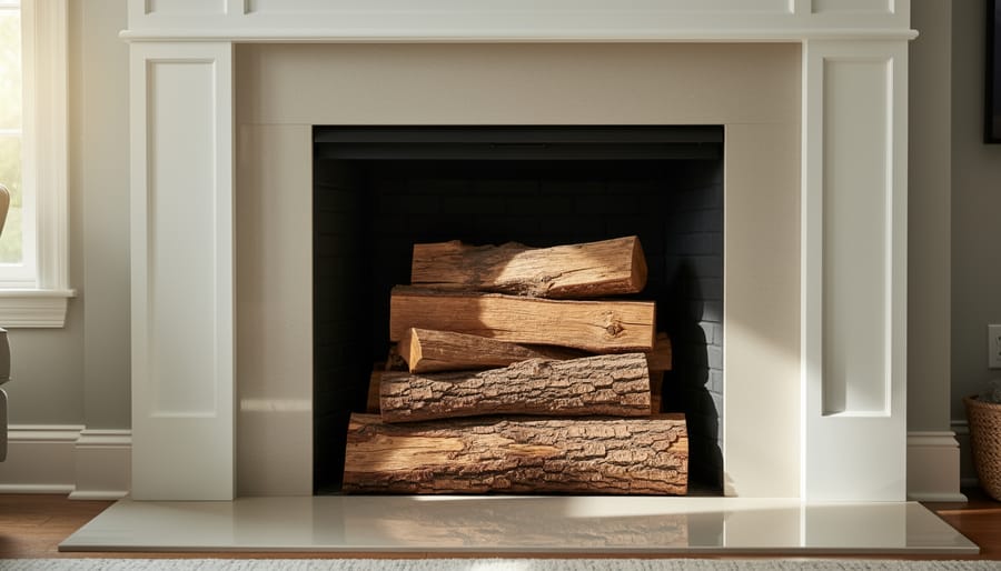 Faux firewood and branches neatly stacked in an open fireplace