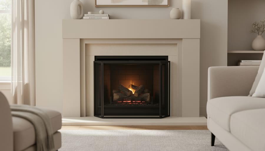 Matte black fireplace screen and doors in front of an unlit firebox
