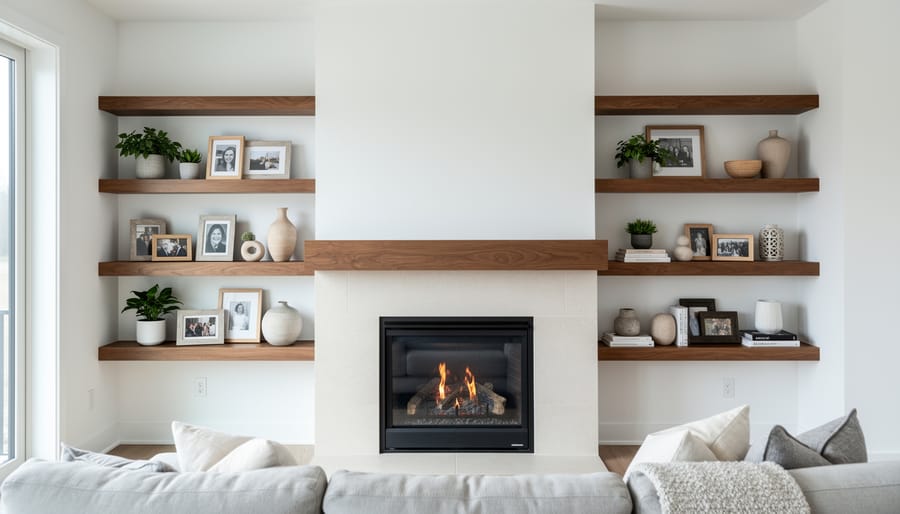 Floating shelves on both sides of a fireplace styled with plants and books
