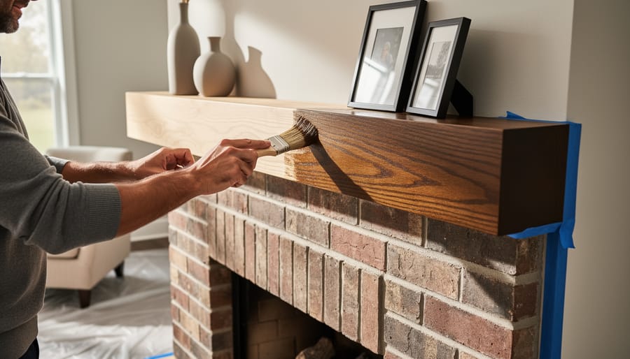 Paintbrush and roller beside a freshly painted wooden fireplace mantel