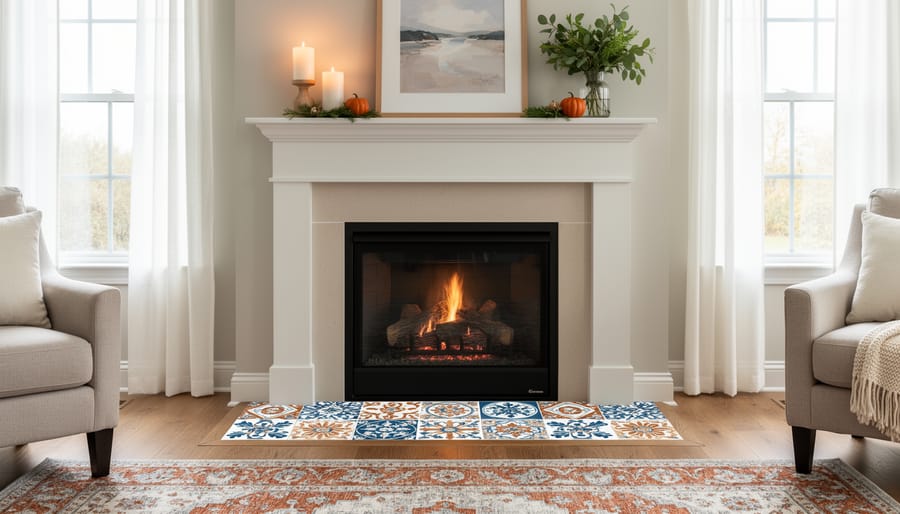 Decorative rug and hearth tile update in front of a fireplace