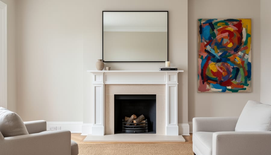 Large mirror mounted above a fireplace mantel creating a bright focal point