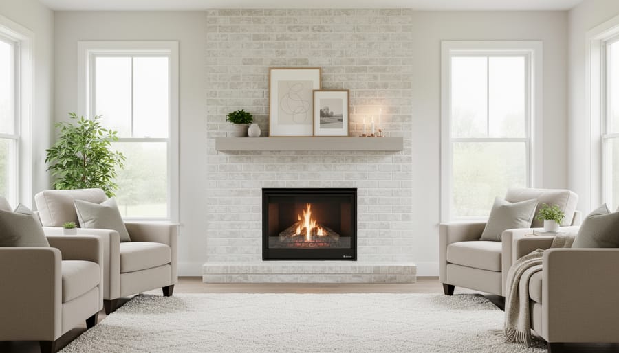 Warm white-painted brick fireplace surround with visible texture and a clean modern look