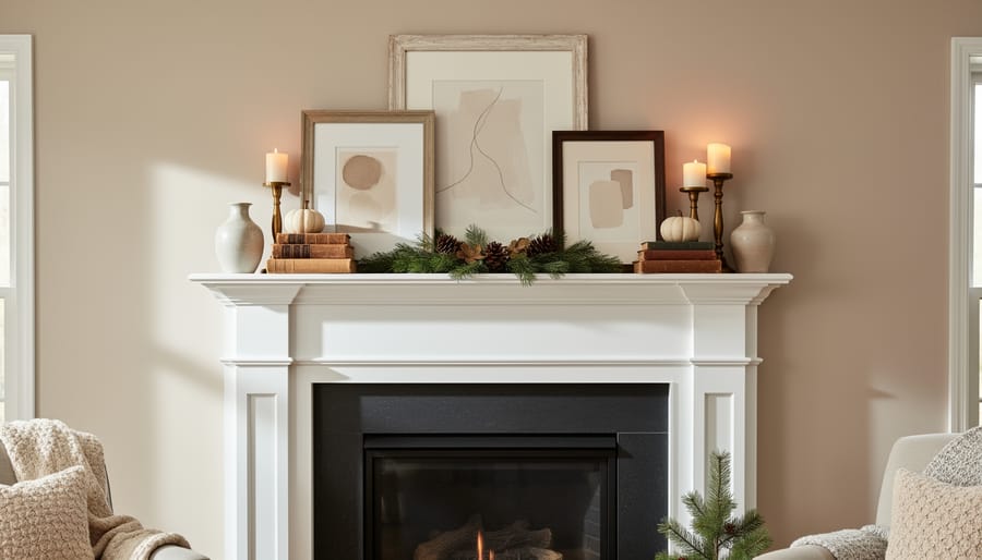 Seasonally styled mantel with a mirror, frames, and candles above a fireplace