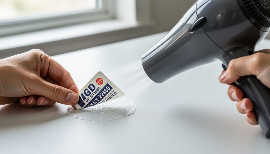 Hair dryer aimed at a sticker residue spot on upholstery fabric