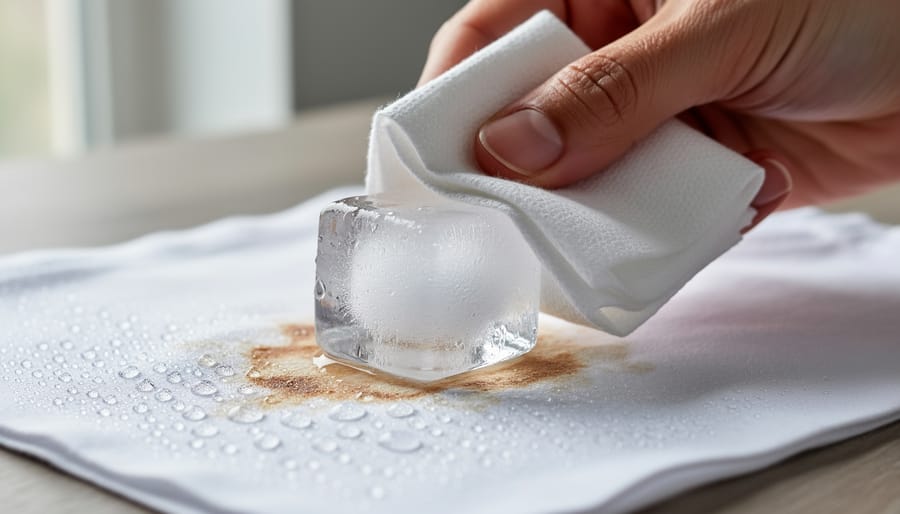 Ice cube being pressed onto a fabric swatch to harden sticky residue