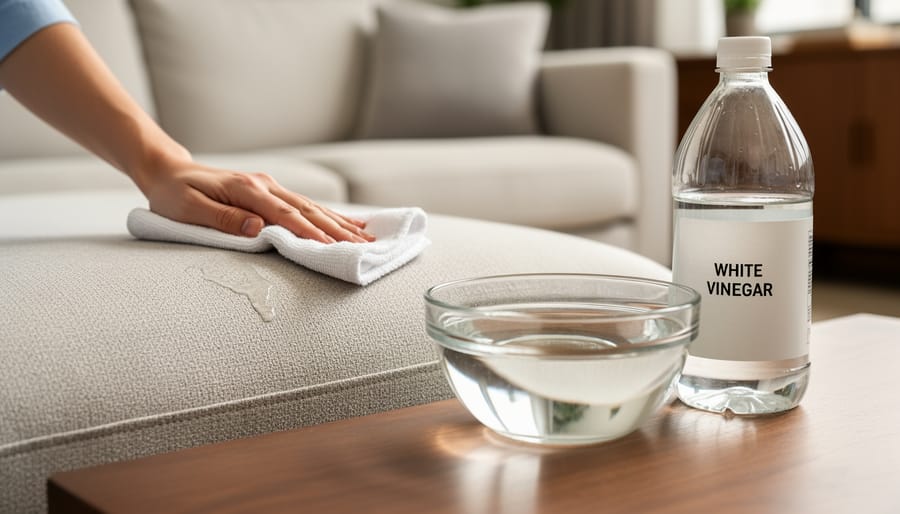 White vinegar spray bottle and bowl of warm water next to an upholstery fabric sample